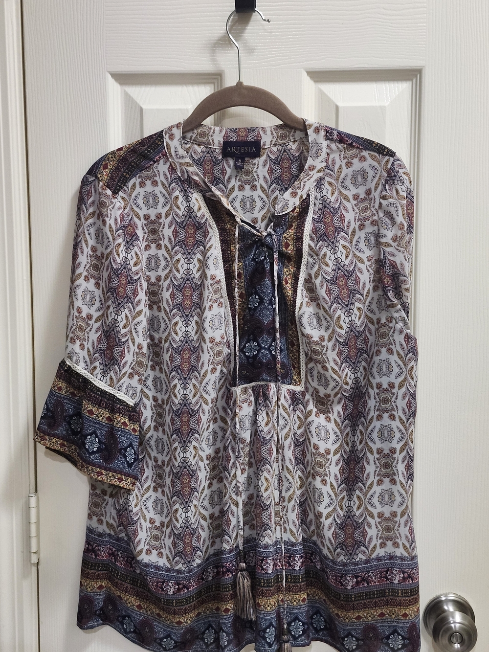 Cream Paisley-Print Peasant Tunic with Tassel Tie